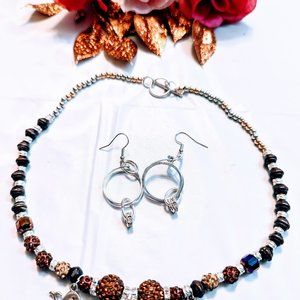 HANDMADE WHALE LOVERS Necklace & Earrings,Bronze Tone Beaded Necklace